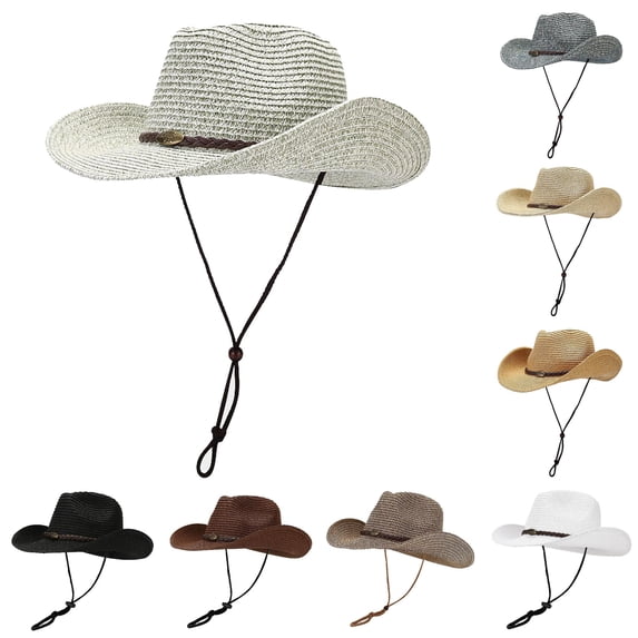 Wxolcjlv Mens Wide Brim Straw Cowboy Hat Adjustable Chin Strap Braided Band Sun Protective Outdoor Headwear Cap