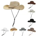 thumbnail image 1 of Wxolcjlv Mens Wide Brim Straw Cowboy Hat Adjustable Chin Strap Braided Band Sun Protective Outdoor Headwear Cap, 1 of 3