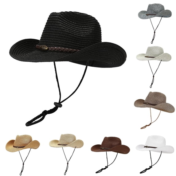 Wxolcjlv Mens Wide Brim Straw Cowboy Hat Adjustable Chin Strap Braided Band Sun Protective Outdoor Headwear Cap