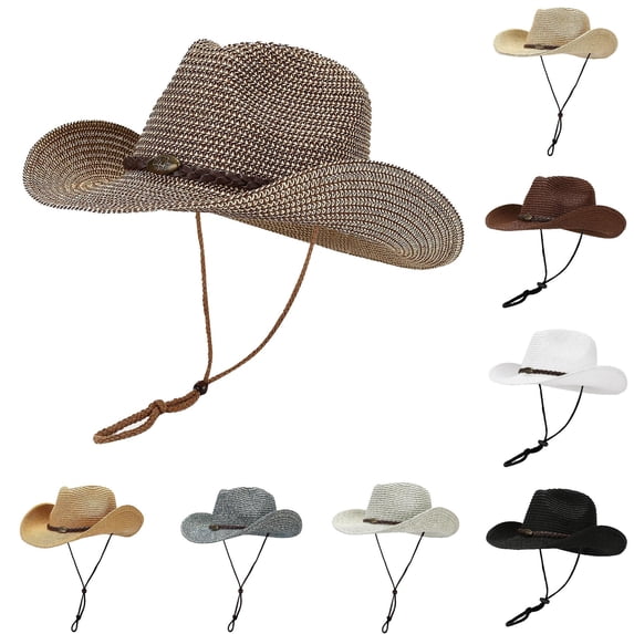 Wxolcjlv Mens Wide Brim Straw Cowboy Hat Adjustable Chin Strap Braided Band Sun Protective Outdoor Headwear Cap