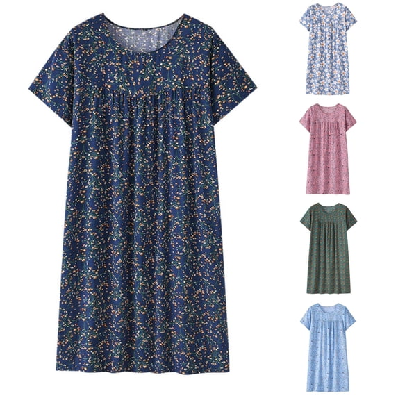 Wxolcjlv Mini Floral Print Dress for Women Short Sleeve Gathered Bust Soft Mid Length Everyday Gown