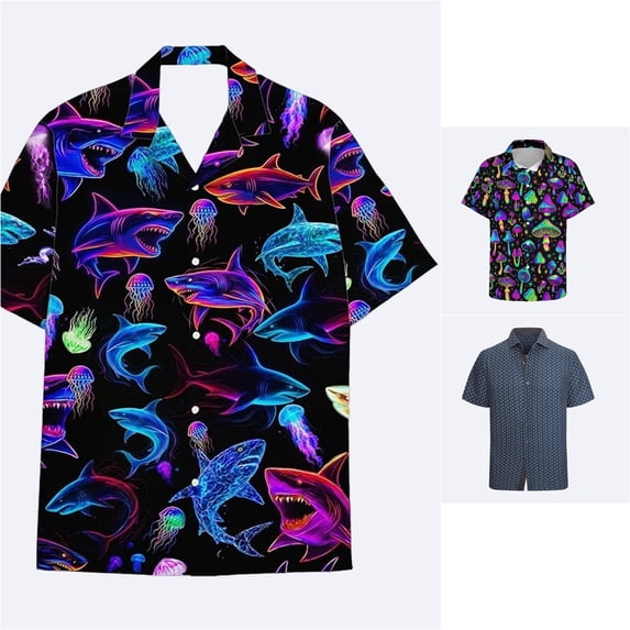 Wxolcjlv Neon Mushroom Allover Print Button Down Shirt for Men Turn Down Collar Short Sleeve Psychedelic Beach Blouse