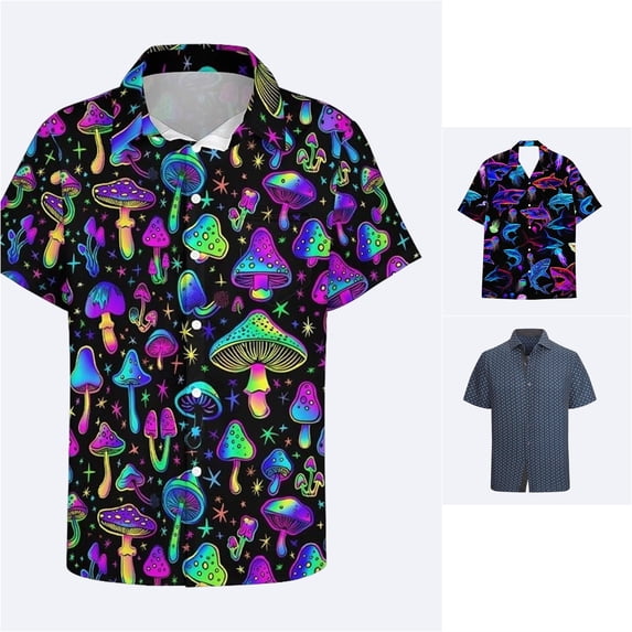 Wxolcjlv Neon Mushroom Allover Print Button Down Shirt for Men Turn Down Collar Short Sleeve Psychedelic Beach Blouse