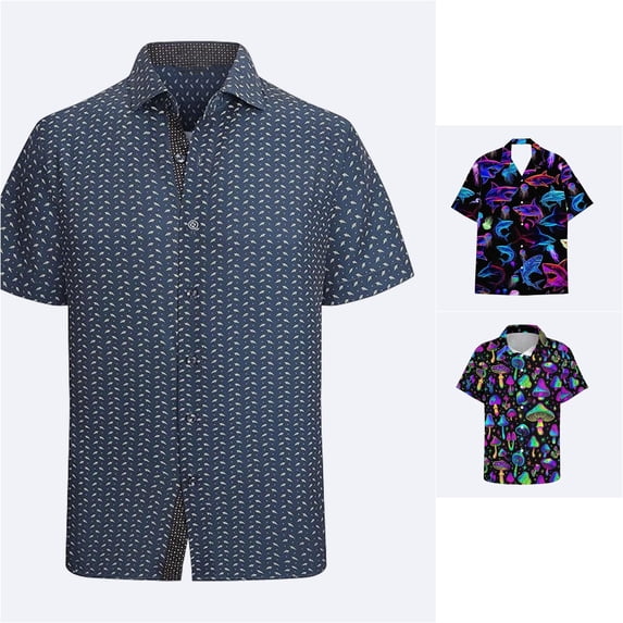 Wxolcjlv Neon Mushroom Allover Print Button Down Shirt for Men Turn Down Collar Short Sleeve Psychedelic Beach Blouse
