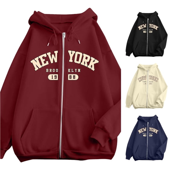 Wxolcjlv New York City Letter Graphic Zip Up Hoodies for Women Drawstring Hood Front Pocket Knit Tops