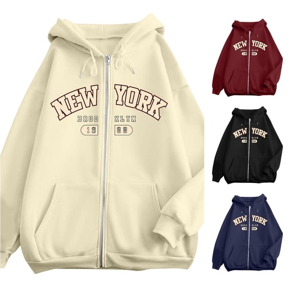 Wxolcjlv New York City Letter Graphic Zip Up Hoodies for Women Drawstring Hood Front Pocket Knit Tops