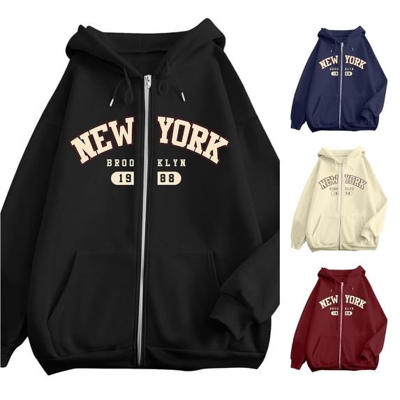 Wxolcjlv New York City Letter Graphic Zip Up Hoodies for Women Drawstring Hood Front Pocket Knit Tops