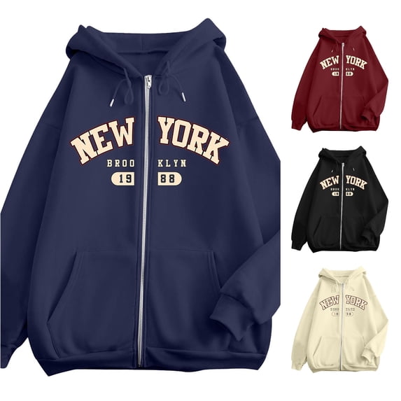Wxolcjlv New York City Letter Graphic Zip Up Hoodies for Women Drawstring Hood Front Pocket Knit Tops