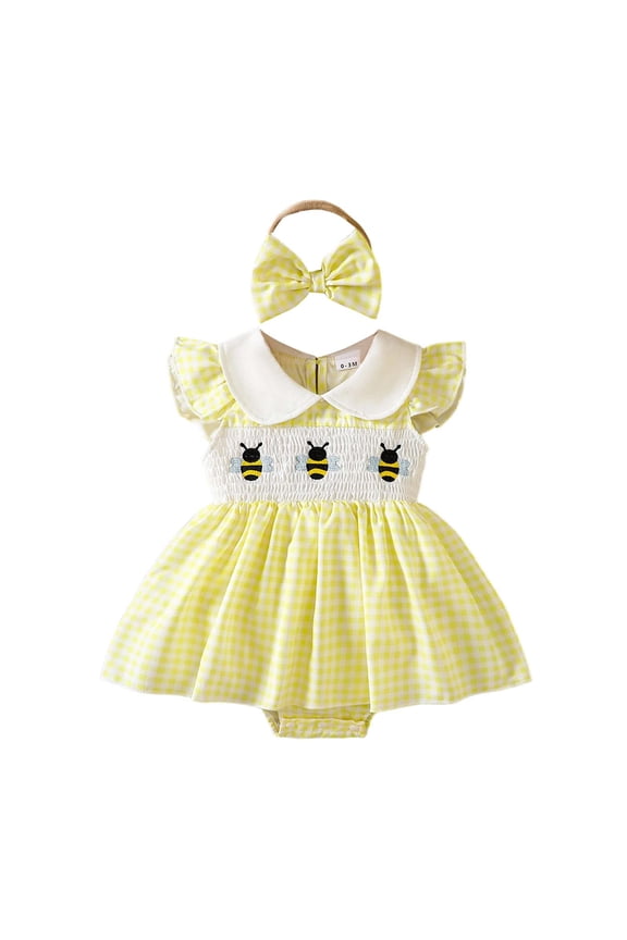 Girls Romper Fly Sleeve Doll Collar Cartoon Bee Embroidery Jumpsuit Cute Casual Bodysuits,0-3M