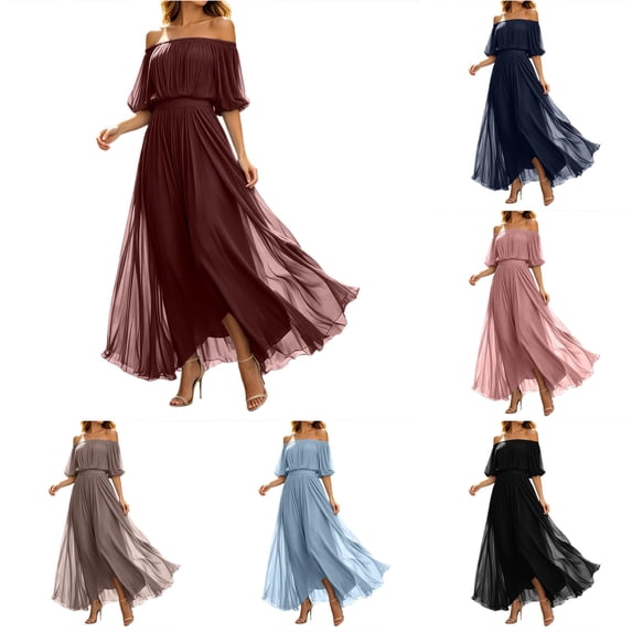 Wxolcjlv Off Shoulder Maxi Dress for Women Puff Sleeve Chiffon Waist Tie Formal Party Evening Gown