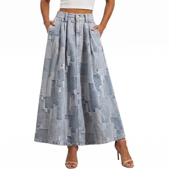 Wxolcjlv Patchwork Distressed Denim Maxi Skirt for Women Pleated A‑Line Skirt With Side Pockets