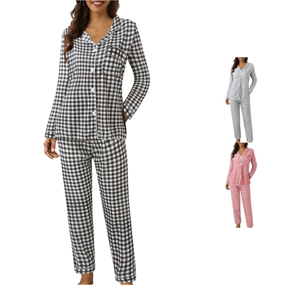 Wxolcjlv Plaid Pajama Set For Women Long Sleeve Button Front Top Straight Sleep Pants