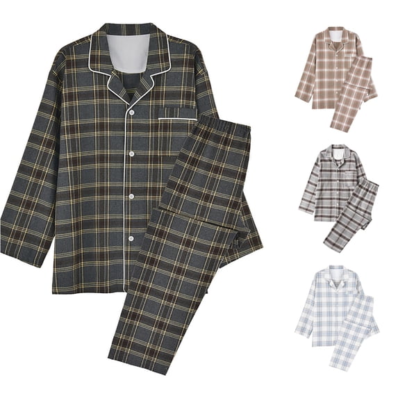 Wxolcjlv Plaid Print Pajama Set for Men Collared Button Front Top Long Pant Sleepwear Nightwear