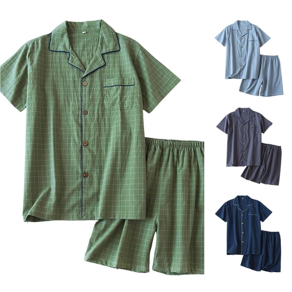 Wxolcjlv Plaid Print Pajama Set for Men Collared Short Sleeve Top Casual Shorts Sleepwear Nightwear