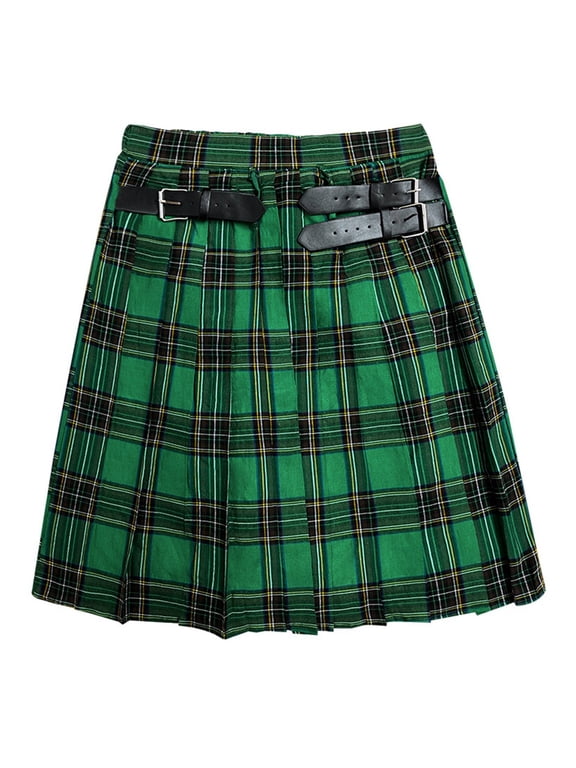 Plaid Print Pleated Tartan Kilt Adult Unisex Leather Buckle Elastic Waist Scottish Highland Kilts