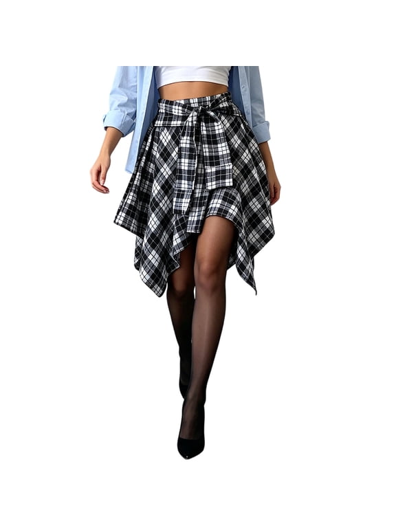 Plaid Tie Waist Asymmetric Hem for Women Wrap Skirt Bottom