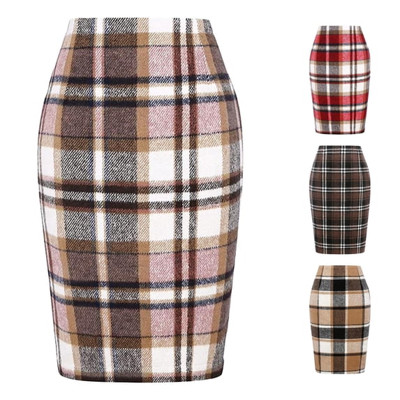 Wxolcjlv Plaid Wool‑Blend Pencil Skirt for Women High Waist Bodycon Fall Work Skirt