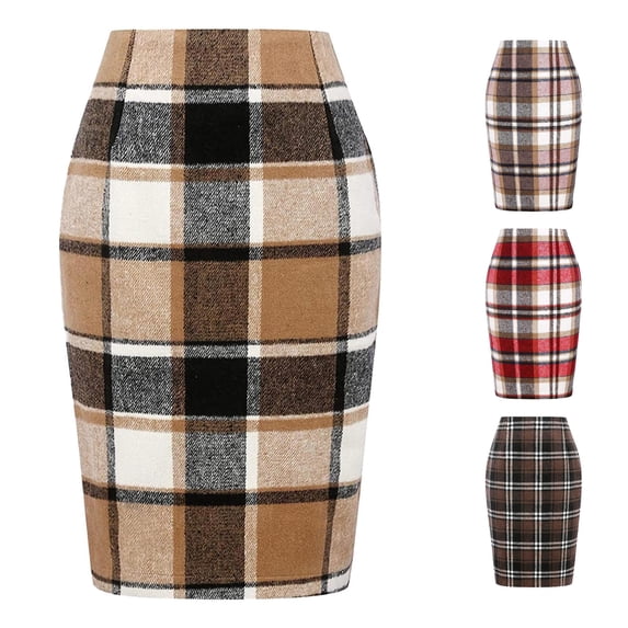 Wxolcjlv Plaid Wool‑Blend Pencil Skirt for Women High Waist Bodycon Fall Work Skirt
