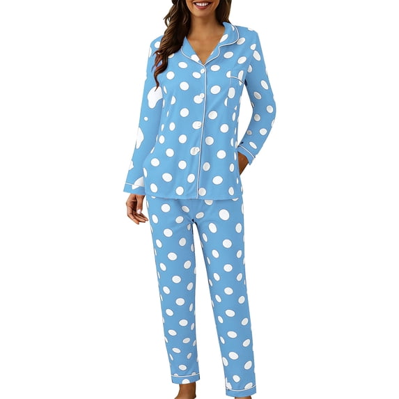 Wxolcjlv Polka Dot Print Pajama Set For Women Long Sleeve Lapel Top Sleep Trousers
