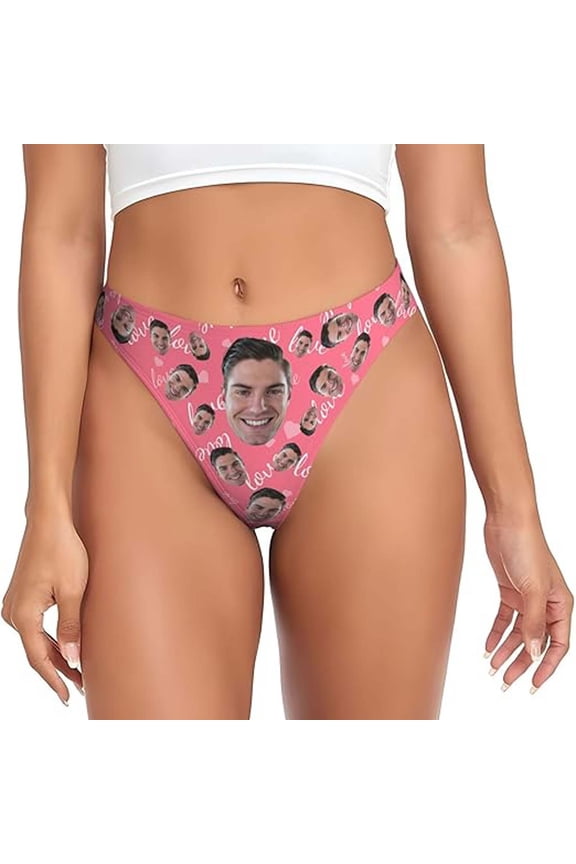 Seamless Thongs For Womens Face Photo Customized Personalized Thong Panties Funny Skin-Friendly Casual Comfort Briefs For Her（XL,Pink)