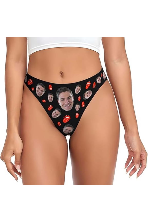 Seamless Thongs For Womens Funny Face Photo Customized DIY Print Thong Panties Cute Pattern Soft Comfort Intimate Briefs For Her（XL,Black)