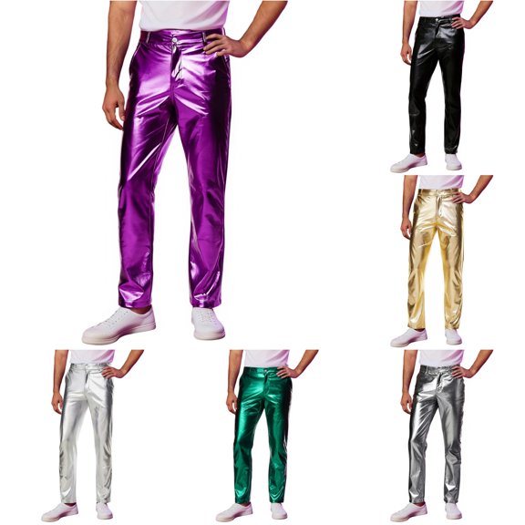 Wxolcjlv Shiny Surface Slim Pants For Men Button Closure Straight Leg Club Night Trousers