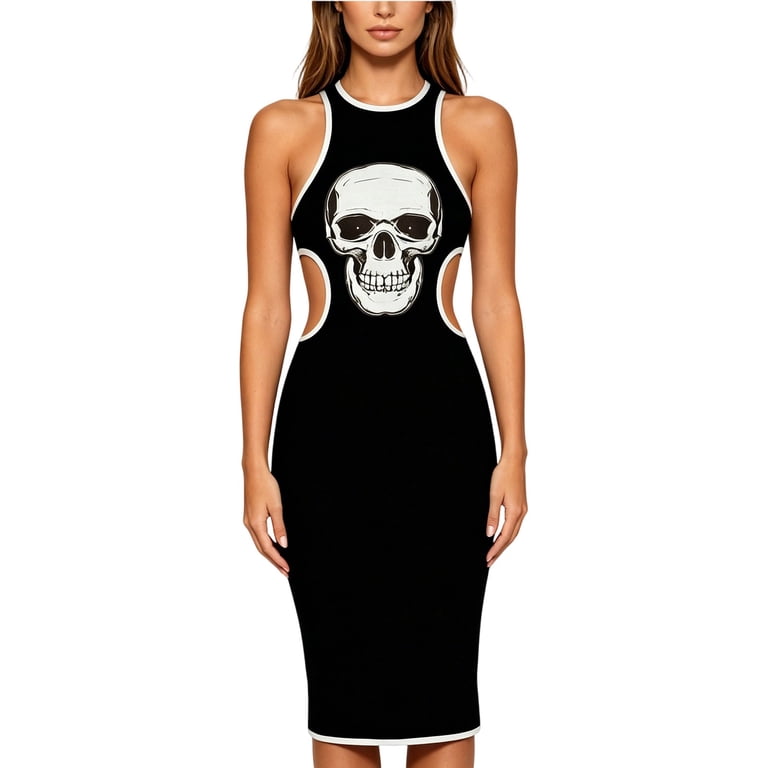 graphic print bodycon dress Wxolcjlv Skull for Women Sleeveless Waist Cutout Holiday Night Out Midi Gown Color:DARK GREEN
