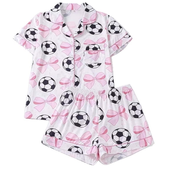 Wxolcjlv Soccer Ball Bow Print Pajama Set For Women Short Sleeve Notch Collar Sleep Shorts