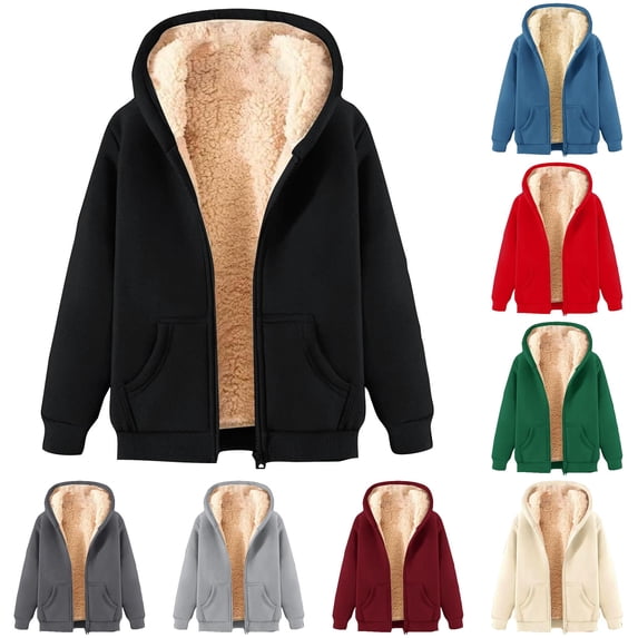 Wxolcjlv Solid Fleece Lined Zip‑Up Hooded Jackets for Women Long Sleeve Outerwear Tops