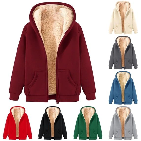 Wxolcjlv Solid Fleece Lined Zip‑Up Hooded Jackets for Women Long Sleeve Outerwear Tops