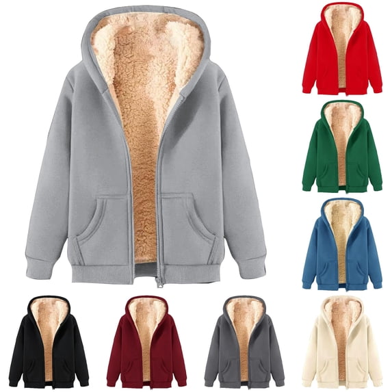 Wxolcjlv Solid Fleece Lined Zip‑Up Hooded Jackets for Women Long Sleeve Outerwear Tops