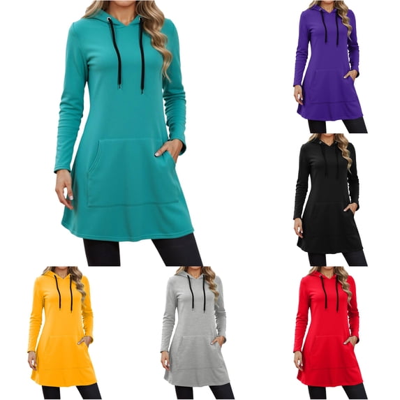 Wxolcjlv Solid Hooded Dress for Women Pocket Detail Dresses