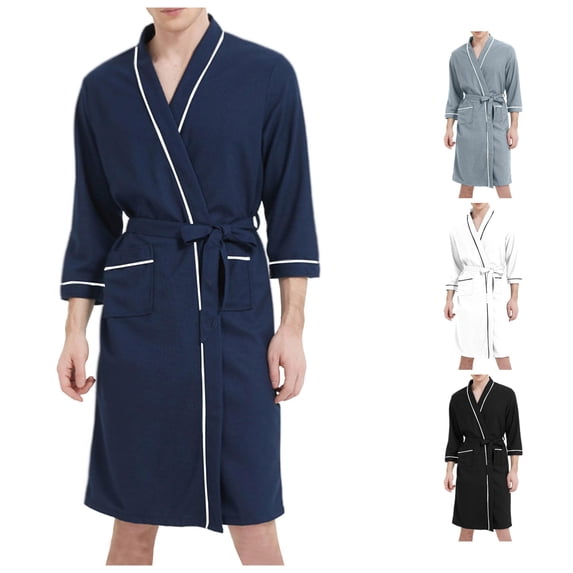 Wxolcjlv Solid Print Bathrobe for Men Three Quarter Sleeve Wrap Sleep Robe Nightwear
