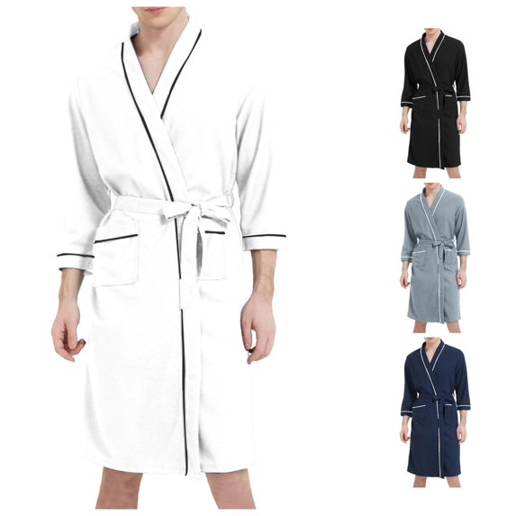 Wxolcjlv Solid Print Bathrobe for Men Three Quarter Sleeve Wrap Sleep Robe Nightwear