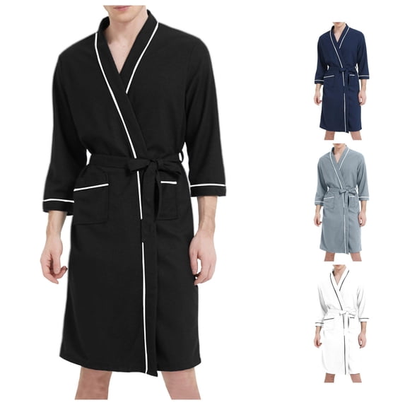 Wxolcjlv Solid Print Bathrobe for Men Three Quarter Sleeve Wrap Sleep Robe Nightwear