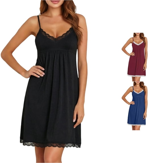 Wxolcjlv Solid Print Nightgown for Womens Spaghetti Strap Lace Sleep Dress Night Suit