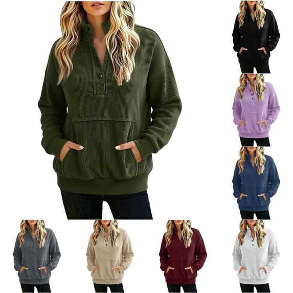 Wxolcjlv Solid Ribbed Quarter Zip Sweatshirts for Women Stand Collar Long Sleeve Tops