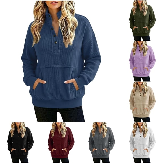 Wxolcjlv Solid Ribbed Quarter Zip Sweatshirts for Women Stand Collar Long Sleeve Tops