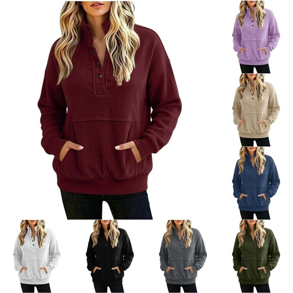Wxolcjlv Solid Ribbed Quarter Zip Sweatshirts for Women Stand Collar Long Sleeve Tops
