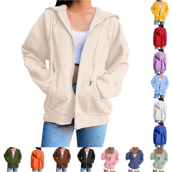 Wxolcjlv Solid Zip‑Up Hoodie for Women Raglan Cut Hooded Sweatshirts