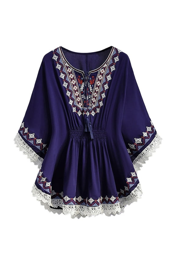 T Shirt For Womens Bohemian Embroidered Loose Mid Length Top Stylish Elegant Soft Fabric Comfortable Chic Blouse For Ladies,Sizes M-XXXXL