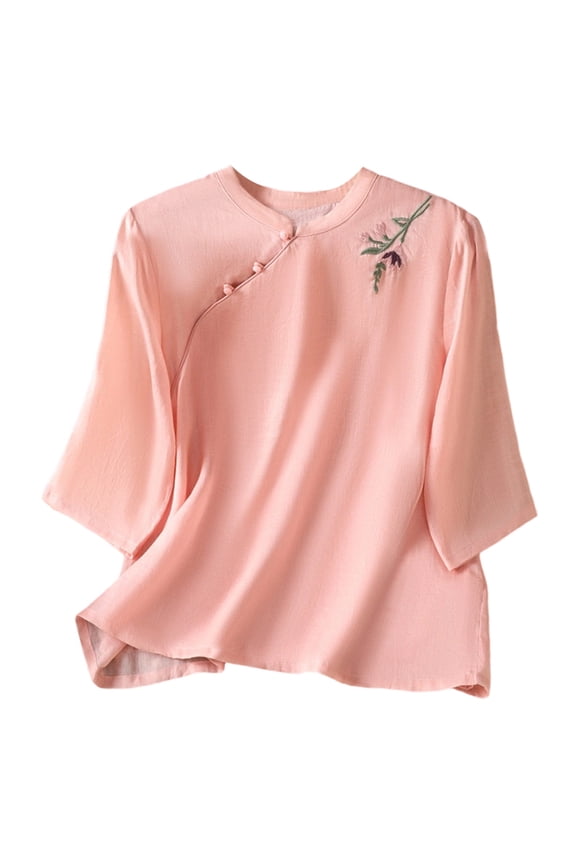 T Shirt For Womens Embroidered Mandarin Collar Linen Shirt Chinese Style Casual Blouse,Sizes M-XXL