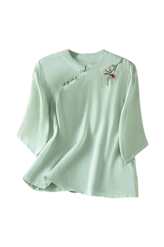 T Shirt For Womens Embroidered Mandarin Collar Linen Shirt Chinese Style Casual Blouse,Sizes M-XXL