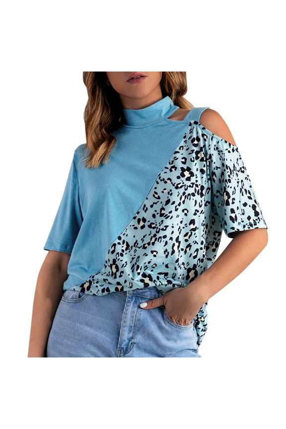 T-Shirt For Womens Leopard Print Round Neck Short Sleeve Tee Tops Loose Off Shoulder Casual Stylish T Shirt