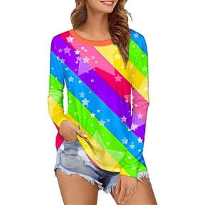 Wxolcjlv T-Shirt For Womens Rainbow Stripe Long Sleeve Crew Neck Loose Casual Simple Tees,Sizes S-XXXL