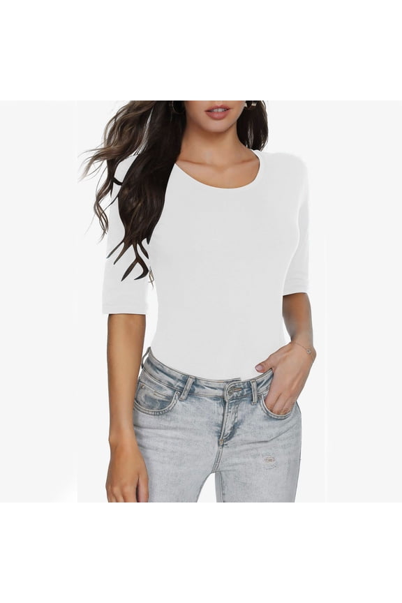 T-Shirt For Womens Solid Color Tee 3/4 Sleeve Round Neck Basic Slim Fit Daily Layering Tops,White,S