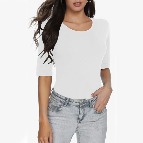 Wxolcjlv T-Shirt For Womens Solid Color Tee 3/4 Sleeve Round Neck Basic Slim Fit Daily Layering Tops,White,Xxl