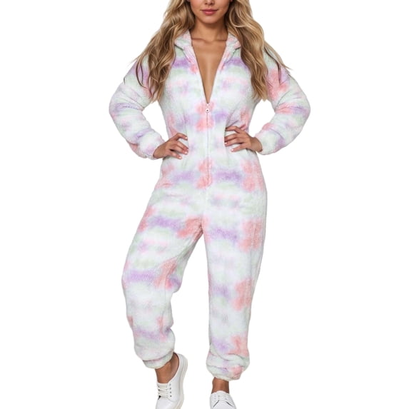 Wxolcjlv Tie Dye Fleece Onesie Pajama For Women Hooded Zip Up Jumpsuit Loungewear