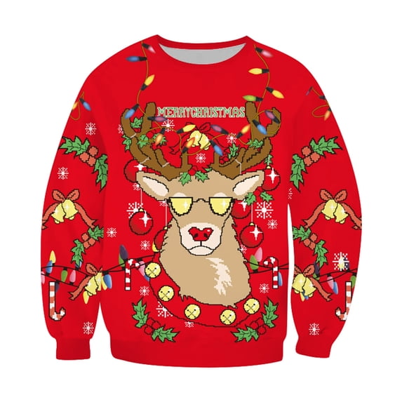 Wxolcjlv Toddler Boys Christmas Graphic Crew Neck Sweatshirt Reindeer Christmas Light Bulb Sunglasses Print Long Sleeve Fall Winter Festive Pullover Top, Sizes 2-12