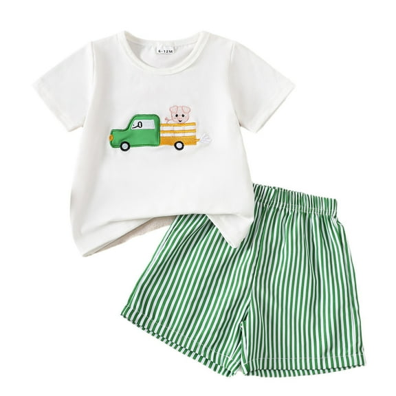 Wxolcjlv Toddler Boys Outfits Short Sleeve Cartoon Prints T Shirt Pullover Tops Striped Shorts Outfit Kids Boys Girls Fashion Outdoor Leisure Sets,2Pc,2 -3 Years